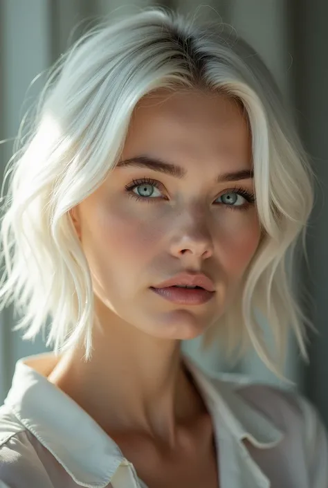 portrait photo of a girl, 30 years, prominent cheekbones, grey eyes, white hair medium length in a bob, daytime lighting
