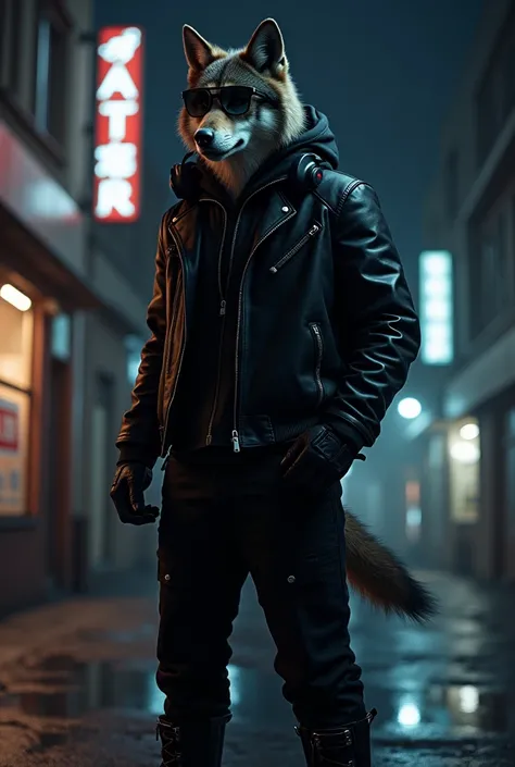 wolf wearing sunglasses, black clothes and headphones at night facing forward 