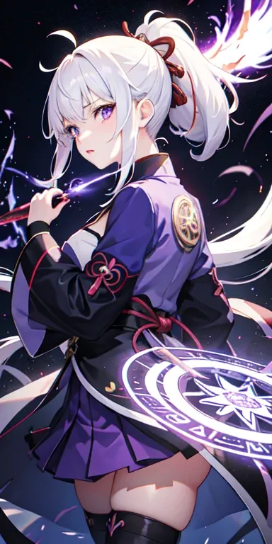 1girl, japanese clothes, ponytail ,white hair, purple eyes, magic circle, blue fire, blue flames, wallpaper, landscape, blood, blood splatter, depth of field, night, light particles, light rays, sidelighting, thighs, fate (series), genshin impact, ****, op...