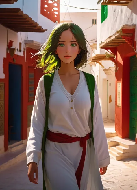 masterpiece, high quality, 8k, beautiful lighting, 1girl, solo, green eyes, medium_hair, white shirt, sweater vest, white tunisian traditional robe, red chechiya, walking through old tunisian town 