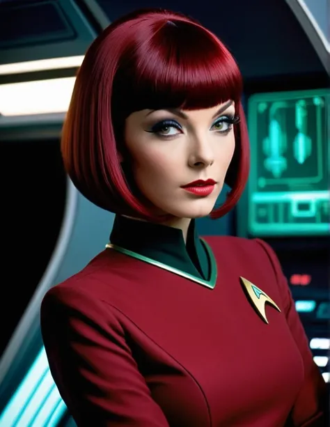 very attractive 2 girl with dark red bob hair, with bangs, wearing star trek uniform fromthe next generation, pointed romulan ears, pointed eyebrows, photo quality