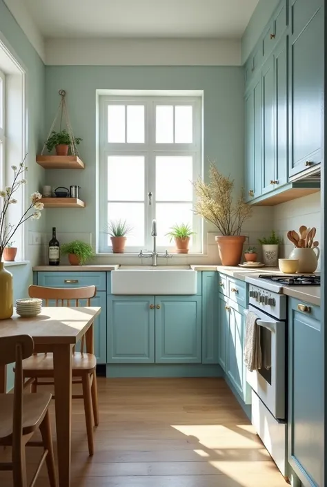 create a baby blue small with a L  shape kitchen, and a window in front of the oven and dining room