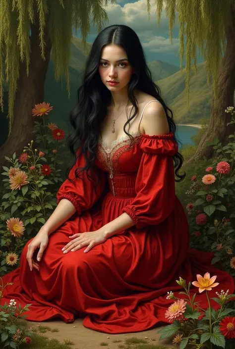 Create a Renaissance work of a woman sitting on the ground, with black hair and a blood red dress, that in the background there are plants and trees, such as the weeping willow, that the woman is being watched by nymphs with blonde hair and flowers of diff...