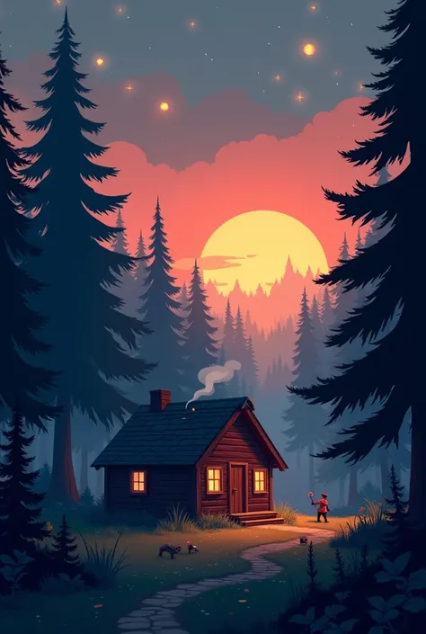 A dark forest with a wooden cabin on a sunset with some stars in the sky, ps2 art style