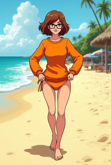 2d Cartoon velma dinkley walking at the beach wearing an orange sweater over a orange bikini bottoms , barefoot hands on hips grabbing the sweater to lift it up