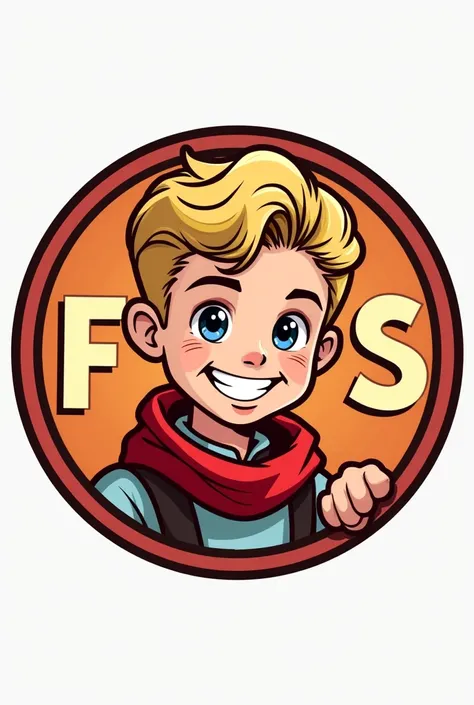 F and S in capital letters a circled logo with  a young miguel magone of the salesians with a red carf and blonde as a comic in the middle of the logo with solid colors