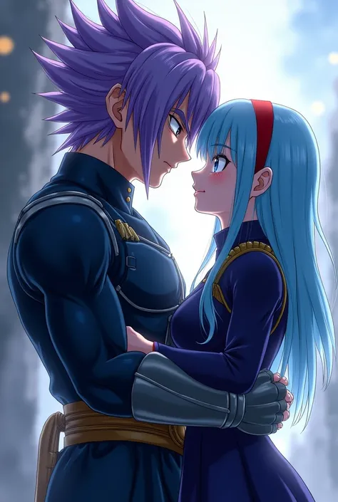 dragon ball trunks, future trunks violet hair, straight hair. dark blue suit, armor, against his daughter Bura, right, Dragon Ball GT Bura, girl with light blue hair, blue eyes, red headband, dark blue suit, armor, loose hair, bangs, brothers, hug