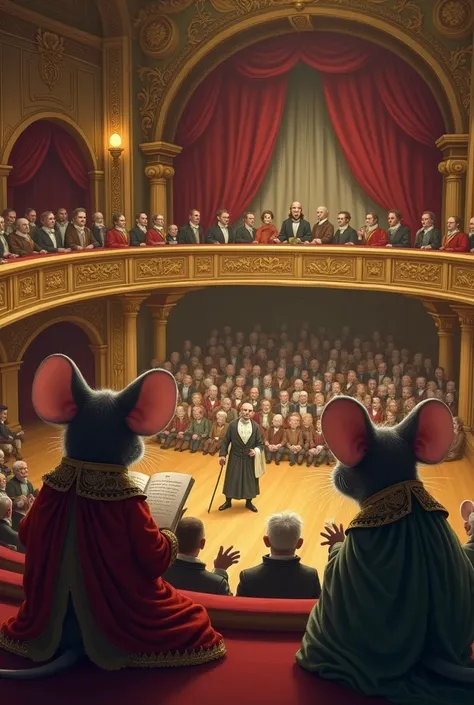 In a Renaissance theater from the period of 1798, the three mice in period costumes attend a lecture by the economist Thomas Malthus. They are at the top of the theater and one of them is holding a notebook, making some entries. They are still somewhat hid...