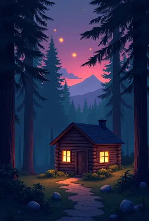 A dark forest with a wooden cabin on a sunset with some stars in the sky, ps2 game art style