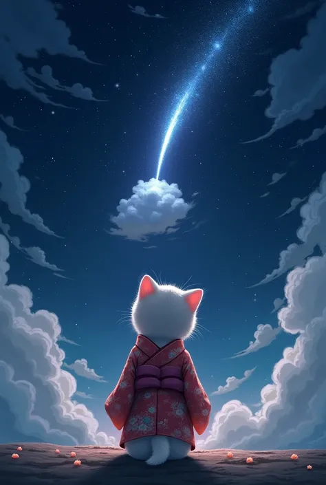 kitten dressed in kimono looks at the night sky very starry a little cloudy pretty comet with big cloud below its head in the sky, vu de dos  du chaton angle de vue vers le reregard du chat