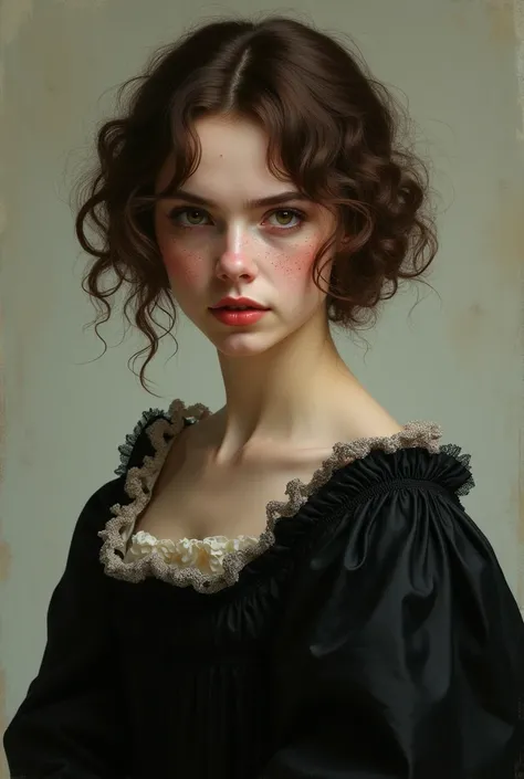 Renaissance crazy woman with short curly brown hair, freckles on her face, black renaissance dress, and a very crazy and frighteningly smiling expression without blood, in the style of a Renaissance painting 