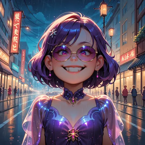 1girl, alone, girl focus, meilin lee, purple hair, purple bioluminescent dress, glowing dress, sunglasses above eyes, smirk, out...