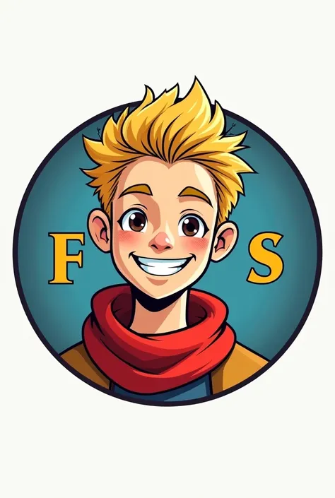 F and S in capital letters a circled logo with  a young miguel magone of the salesians with a red carf and blonde as a comic in the middle of the logo with solid colors