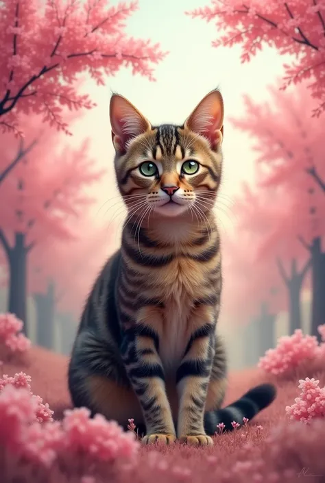 Tabby cat with a landscape background with pink trees