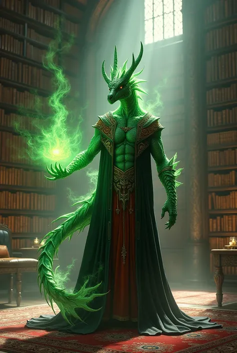 A green Dragonborn wizard in a library, slimmer appearance, wearing a black and red robe, with one of his right arms being a dark, somewhat acidic and smoky coloration, as if it were corrupted magic showing its conquering nature
