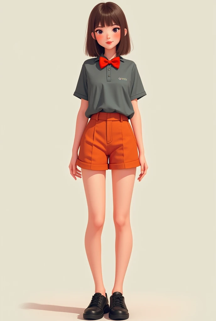 Create a woman wearing a gray shirt, wearing orange shorts, wearing black shoes, with straight brown hair, wearing a red bow tie, and with pink cheeks.