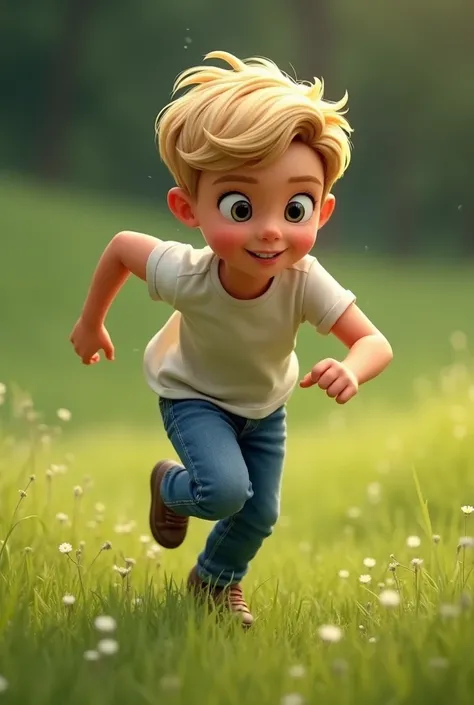 A boy runs with jeans. His hair is blonde 