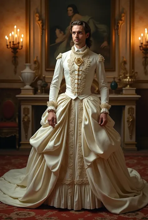 make a picture of a man wearing an 1800s princess dress