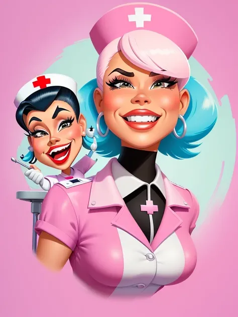 cartoon nurse with a dental chair and a table, dentist, caricature style, caricature illustration, colorful digital illustration, in cartoon style, caricature, caricature!!!, caricature, professional illustration, cartoon portrait, caricature, cartoon styl...