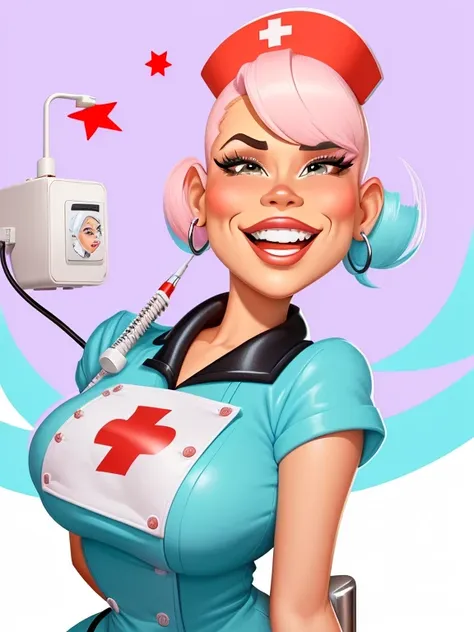 cartoon nurse with a dental chair and a table, dentist, caricature style, caricature illustration, colorful digital illustration, in cartoon style, caricature, caricature!!!, caricature, professional illustration, cartoon portrait, caricature, cartoon styl...