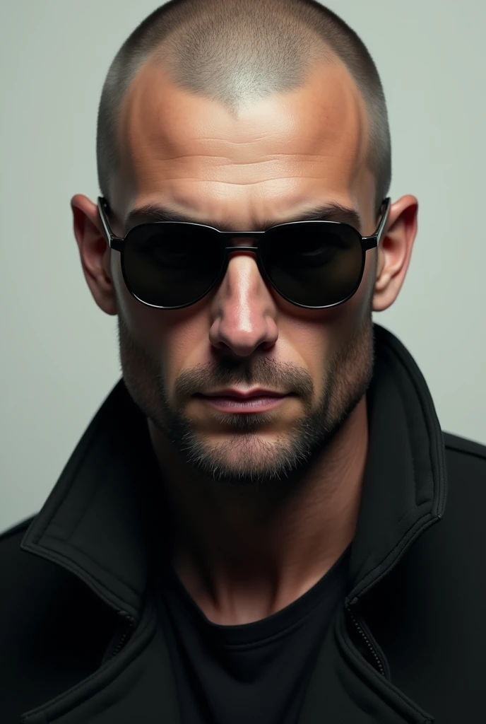 Face of a 30 year old man with stubble , baldie, eyes black, white ethnicity, no earring and no tattoo , with dark sunglasses