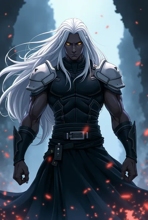 one  men, skin black, long white hair, yellow  eyes, wearing black chest armor, white shoulder pads and a black skirt. anime art style.