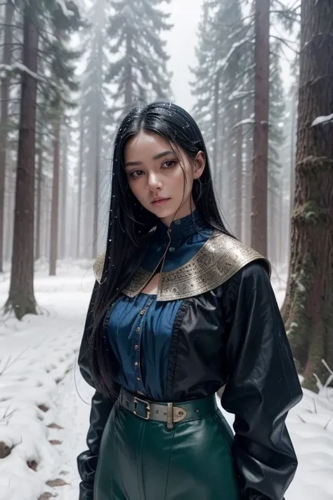 A woman with BLACK skin. Straight hair and his head is shaved on the side. She is wearing medieval clothes. She is wearing blue pants and blouse. She is in a forest and it is snowing. She has half of her head shaved. She wears a medieval doublet style outf...