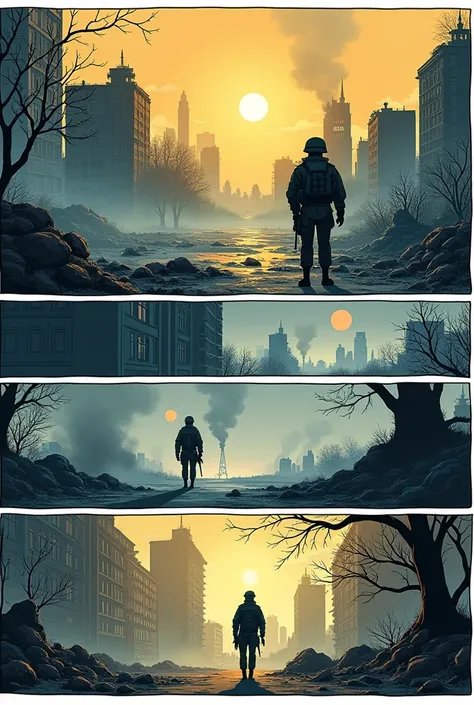 Quadrinho 1: [It shows a ruined city in Ukraine, with damaged buildings and smoke in the air. Two characters are talking, one is a Ukrainian soldier and the other is a civilian.]

soldier: "The conflict seems endless. We don&#39;t know how much longer we c...