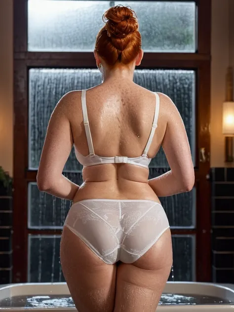 rear view, full figure, ginger redhead, posing in a snug tightly fitting white nylon (elegant:1.2) seamless panty and bra, dripping wet, drenched and protruding, revealing firm east west shaped breasts, messy bun