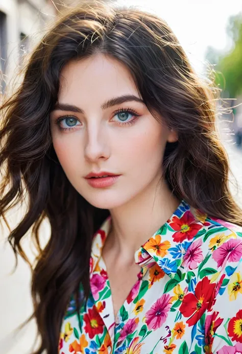 a modern Caucasian European woman with wavy dark hair, detailed bright eyes, and a floral shirt on the street, 