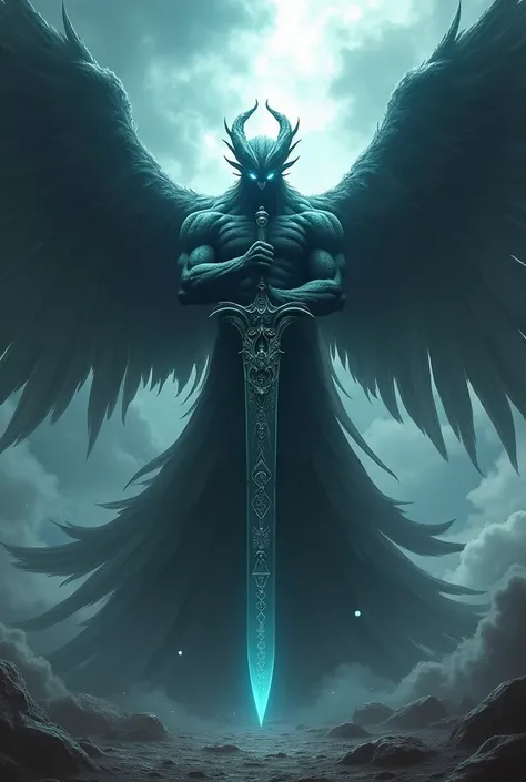 10 meter tall shadow angel with a giant sword with saiyan powers, and eagle wings 

