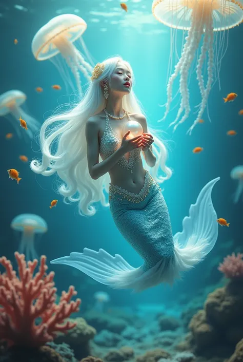 photorealistic photo, asian woman, White skin with a bright glow, White hair adorned with pearls floats in the water., There is a blue mermaid tail., ears with golden earrings, Holding a medium sized round pearl, Bright white., Looking up, Behind them are ...