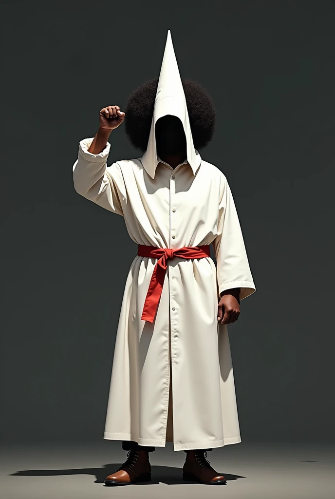 Klu Klux Klan (lid) with afro hair and a clenched fist 