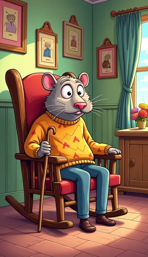 In a cartoon comic book style, an elderly agouti with a walking stick in hand, wearing a funny sweater, sitting in rocking chair. Her expression is exaggeratedly confused., as if they had forgotten something important. The house has comical details, like c...