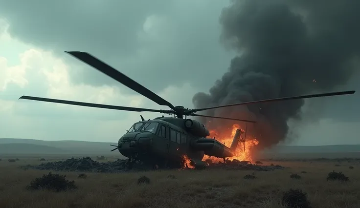 MILITARY HELICOPTER DAMAGE,BURNING, ON THE FIELD, GLOOMY WEATHER