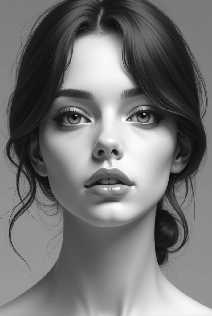 Create symmetrical face art girl realism portrait Black and white color 