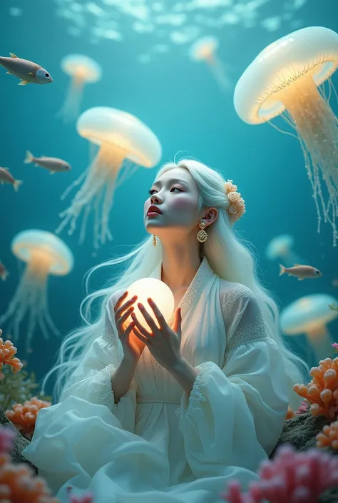 photorealistic photo, asian woman, White skin with a bright glow, White hair adorned with pearls floats in the water.., ears with golden earrings, Holding a medium sized round pearl, Bright white., Looking up, Behind them are large jellyfish floating upwar...