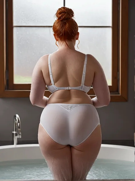 sfw, rear view, full figure, ginger redhead, posing in a snug tightly fitting white nylon (elegant:1.2) (seamless:1.3) panty and...