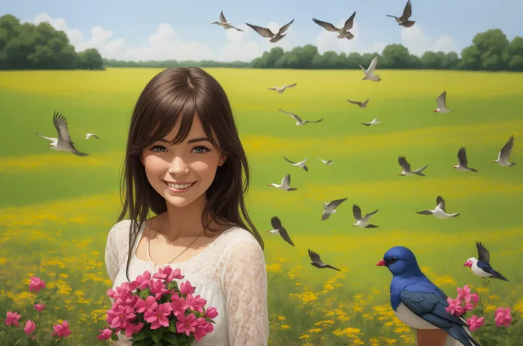 Portrait of a smiling woman standing in a summer meadow, bright and happy colors, fuchsia and birds around it and bright lights in the shape of little animals 