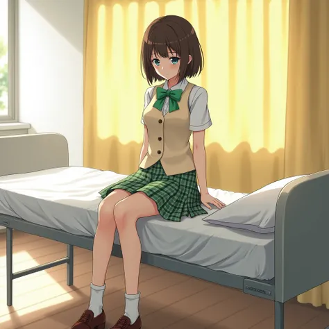 An anime style woman, 1, Soft lighting, sitting on a stretcher with a yellow curtain, Nursing, white school, wooden floor, in the afternoon, (medium long shot), mide 169 cm, its measures: B 65, At 35, H 70, short dark brown hair, Indigo blue eyes with a sa...