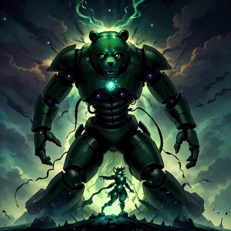 -High quality- -masterpiece- -animated- An animatronic green bear, black eyes with black pupils, dark metal armor. levitating with feet together, hands at sides, surrounded by a divine wake
