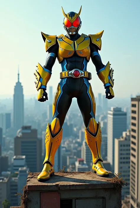 Kamen Rider, The color of his costume is yellow。。Blue Line. He has the roofs of Tokyo buildings in the background.、Standing on top of an abandoned building.、Are standing.