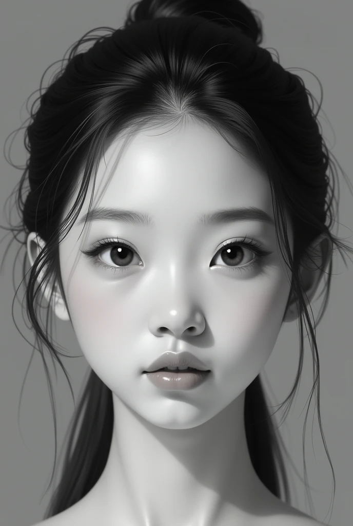 Create symmetrical face art girl realism portrait Black and white color  Asia girl  not messy hair 