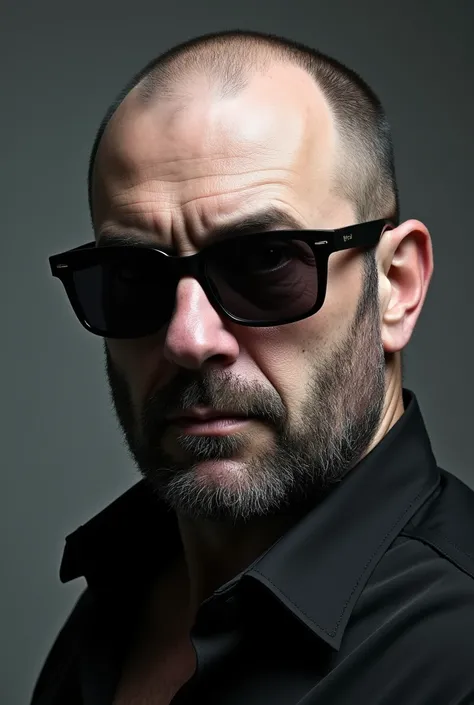 Face of a 2 man with stubble , baldie, eyes black, very white ethnicity, no earring and no tattoo , with dark sunglasses, fatter face. Com perfil mais de lado mostrando a baldie. I want that same image, but with a shorter black beard