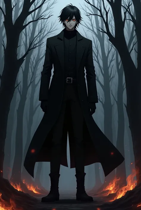 anime style, tall, man, black hair, completely dark clothing, gray mascara in tdoa the dear, forest background in ashes