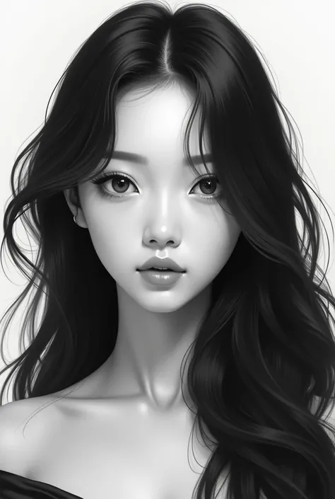 Create symmetrical face art girl realism portrait Black and white color  Asia girl  with good hair