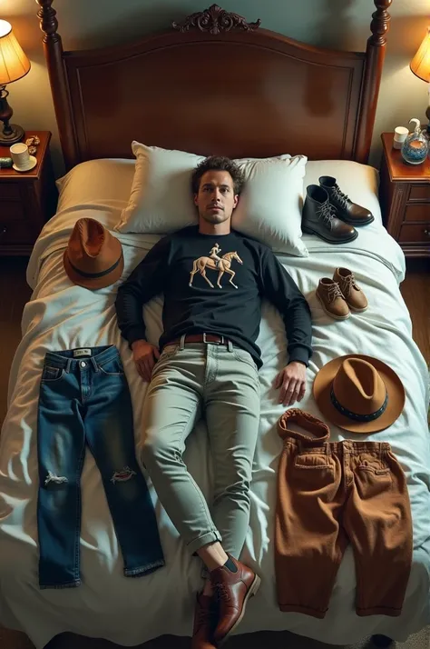 Create a very realistic image that looks like it was taken by a cell phone.! Of a man lying in bed and on top of the bed a pair of pants! a black blouse with horse on it! a brown hat and a brown boot! Organized on top of the bed 