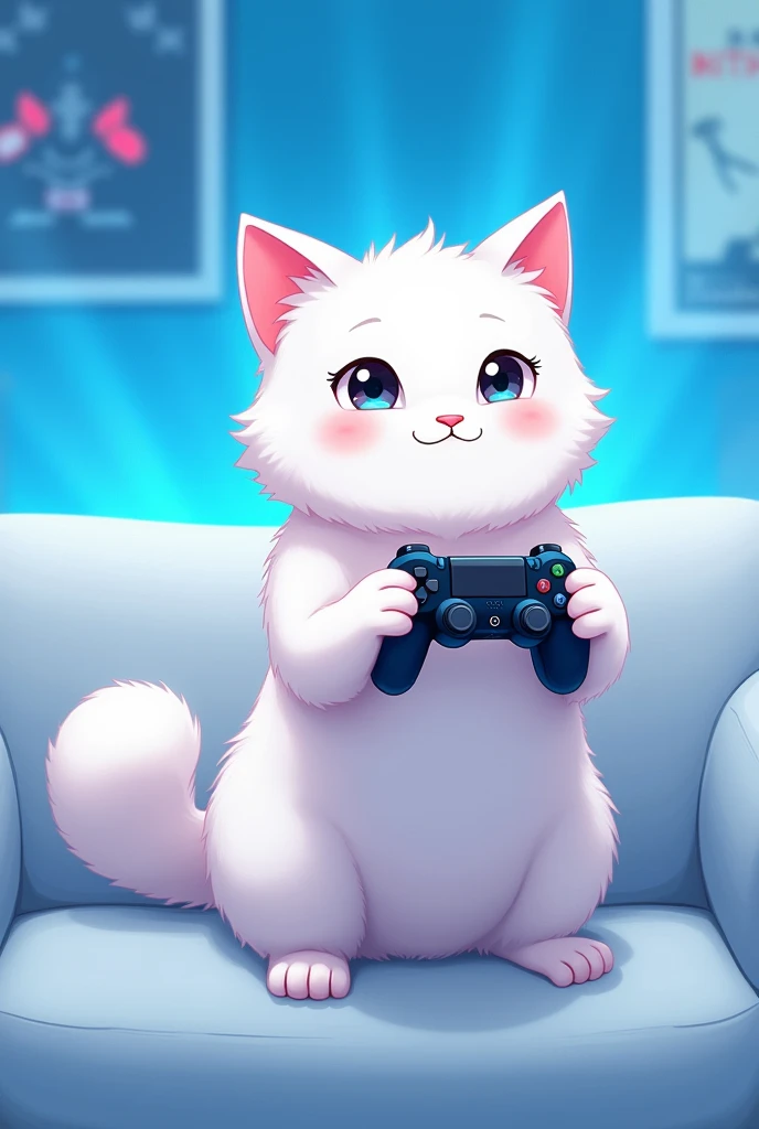 Un chat blanc comme dans les animé/manga  sur roblox tenant une manette de jeux vidéos dans ses mains assis sur un canapé blanc avec un arriere plan bleu et des effets de jeux videos