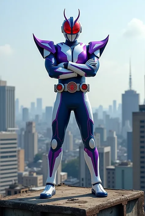 Kamen Rider, The colors of his costume are white and marine blue..。Purple line. He has the roofs of Tokyo buildings in the background.、Standing with arms folded on top of an abandoned building.、Are standing.