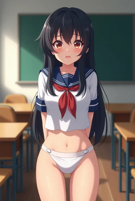 NSFW,standing alone, (a girl),  elementary school,, ((white panties:1.3)), (wearing only the top half of the sailor school uniform),sexly, (cowboy shot),  ((arms behind the back)), class room, with a girl：your hair is long and black, Her face is round and ...